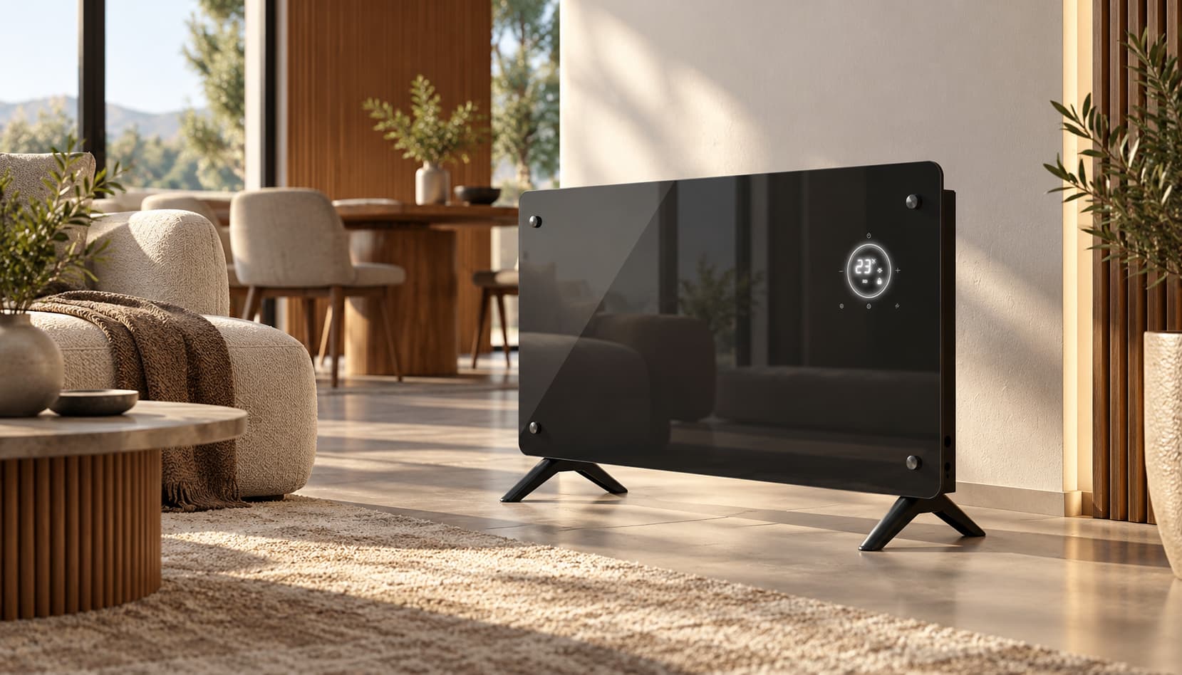 Olimpia Splendid Caleo Glass WiFi stiklinis dizainas interjere