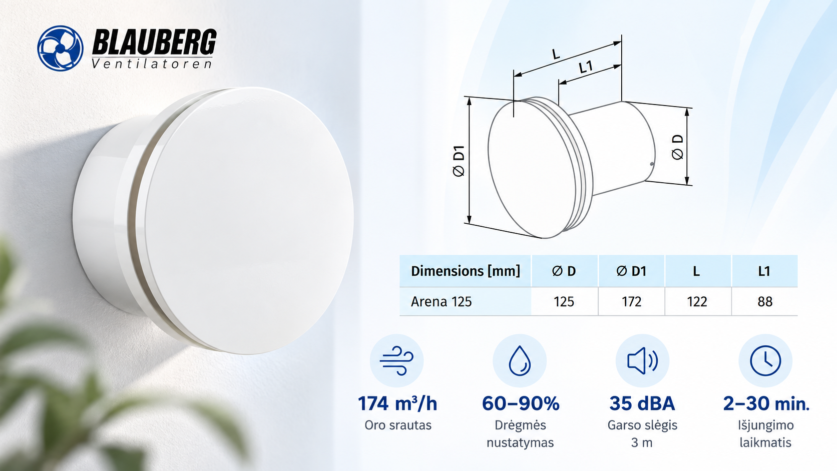 Blauberg Arena 125H montavimas į 125 mm ortakį