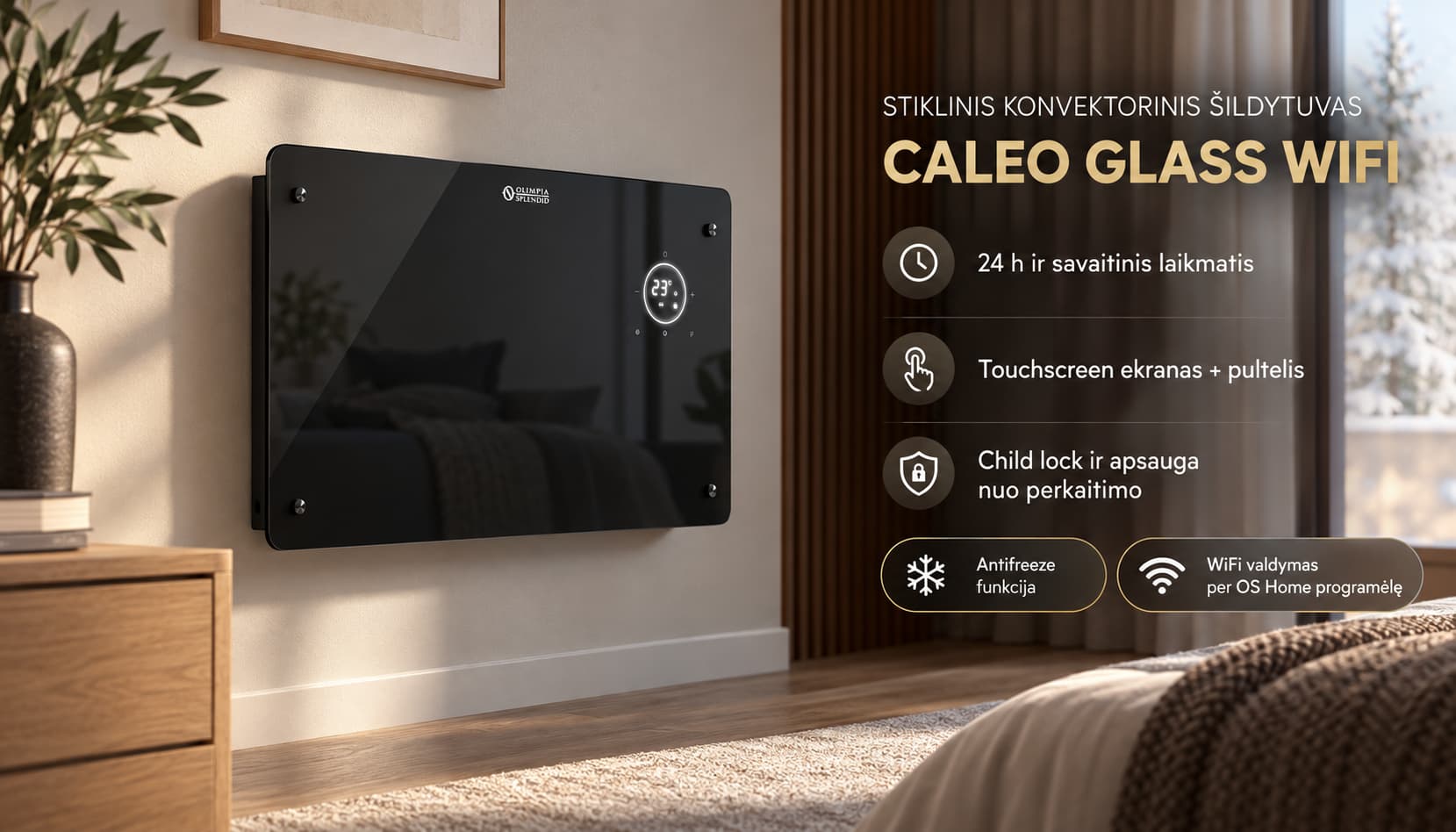 Olimpia Splendid Caleo Glass WiFi sieninis ir grindinis montavimas