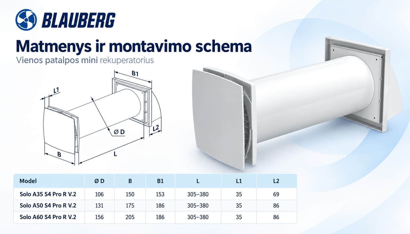 Blauberg Solo A50 S4 Pro R V.2 techninių matmenų schema