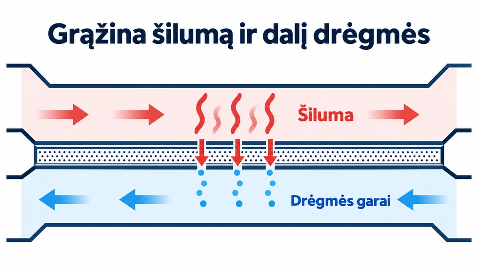 Freshbox E2-200 ERV vienalaikio tiekimo, šalinimo ir entalpinio energijos atgavimo schema